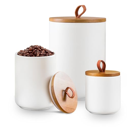 Kendiis Ceramic Canister Set for Kitchen - 3-Piece White Canisters with Airtight Wood Lids for Flour, Sugar, Tea and Coffee Storage