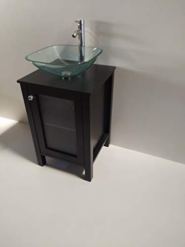 20" Samll Freestanding Wooden Bathroom Vanity With Glass Vessel Sink Set(Square Glass Sink) (Black) #TOP3