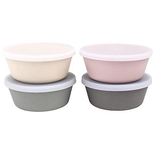Image of WeeSprout Bamboo Kids Bowls with Lids, Set of Four 10 oz Kid-Sized Dinnerware, Cereal, Leftovers & Snack Bowl, Dishwasher Safe (Pink, Green, Gray, & Beige)