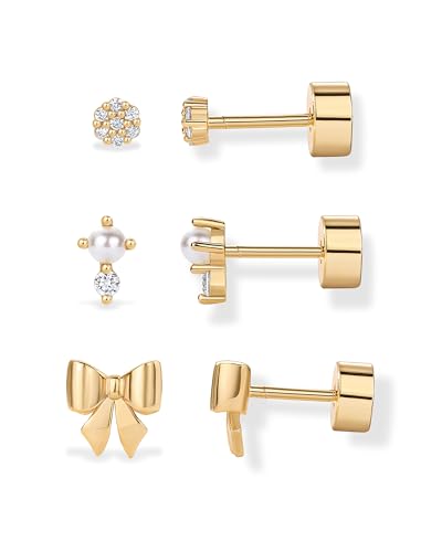 Image of PAVOI 14K Gold Plated Dainty Flat Back Earrings for Women, Piercing Studs | Hypoallergenic Stud Earrings with 925 Sterling Silver Posts, Motif Flatback Screw Back Helix Cartilage