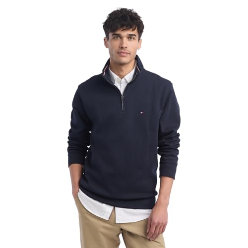 Tommy Hilfiger Herren Langarm Fleece Viertel Reißverschluss Pullover Sweatshirt, Sky Captain Bill, X-Large Hoch – Ansicht 1