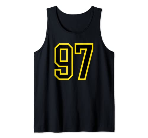 Número de camiseta #97 de cumpleaños amarillo y negro número de deportes 97 Camiseta sin Mangas