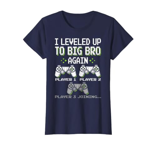 I Leveled Up to Big Bro Again Brother Gamer Funny Video Game T-Shirt, Women, Navy Blue, X-Large
