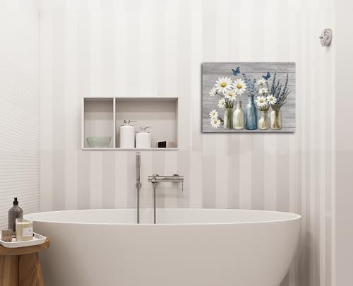 fengyuyi Rustic Flower Canvas Wall Art Bathroom Picture Wall Decor White Daisy Blue Lavender Butterfly Painting Prints for Living Room Bedroom Bathroom Decor 12x16inch - Image 4