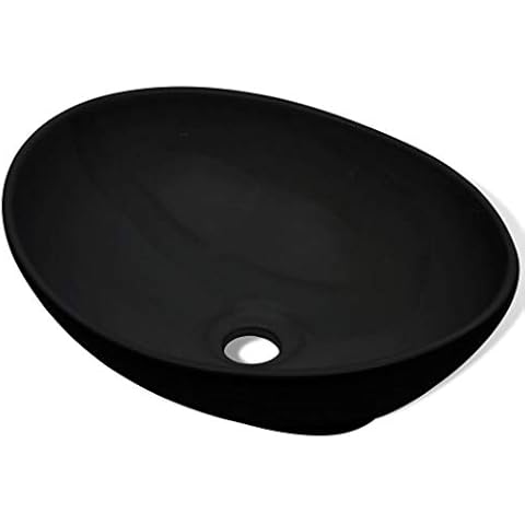 Festnight Keramik Waschbecken Handwaschbecken Badezimmer Waschplatz Oval Form Becken Schwarz 40 x 33 x 13,5 cm Cover