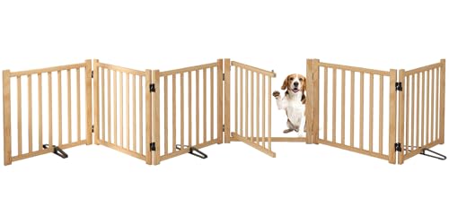 Oapety ペットゲート ドア付き 置くだけ 犬 ゲート ペットフェンス 高さ58cm 幅351cm 自立型ゲート 折りたたみ式 犬フェンス 室内用 ペット飛び出し防止柵 木製 玄関 軽量