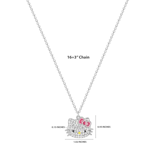 Hello Kitty Sanrio Girls Pave Pendant Necklace 16"+3" - Official License Necklace for Girls Jewelry