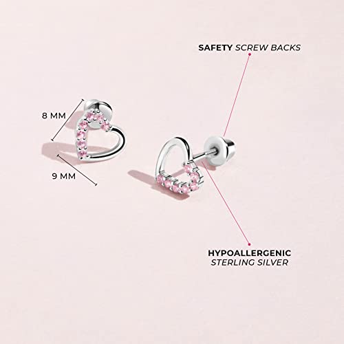 925 Sterling Silver Pink Cubic Zirconia Open Heart Screw Back Earrings for Toddlers & Young Girls - Stylish Pink CZ Earrings - Crystal Encrusted Open Heart Stud Earrings4