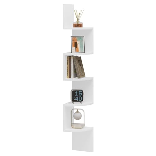 WOLTU Mensola Angolare da Muro Zigzag, Libreria da Parete con 5 Ripiani, Scaffale a Muro per Camera da Letto, Soggiorno, Cucina, Studio, Mensola Bianca in Legno, RG9313ws2