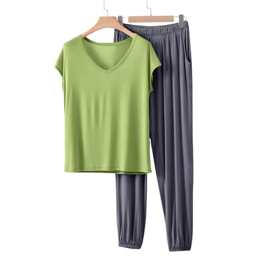 Image of HGps8w Women's Modal Soft Summer Pajamas Sets, Loose V Neck Short Sleeve Top Joggers Pants Matching 2 Piece Lounge Outfits