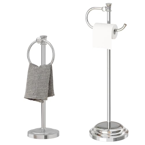 Hoimpro 17 Inch Free Standing Floor Hand Towel Holder Towel Bar Towel Hanging Ring & 25" Toilet Paper Holder Tissue Roll Holder Rack Hardware Accessories (Polished Chrome)