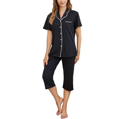Image of Tugege Capri Pajamas Set Womens Button Down Short Sleeve Lounge Sets Sleepwear Notch Collar Top & Capri 2 Piece PJ Sets