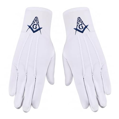 Blue Square & Compass Masonic Embroidered Cotton Gloves - [White]