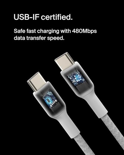 Belkin BoostCharge (6.6ft) Braided USB-C to USB-C Cable for iPhone 16, iPhone 16 Pro, iPhone 16 Pro Max, iPhone 16 Plus, iPhone 15, Galaxy S24, S23, Note10, Pixel 9, Pixel 8, iPad Pro & More - White