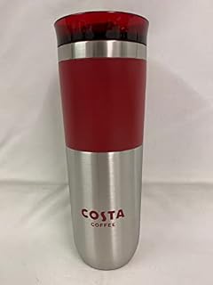 Costa Coffee Reusable Red Plastic Travel Mug Tumbler Cup, Double Wall 450ml, Ripple Design