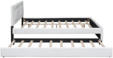 Side view of bed frame components including slats and trundle frame
