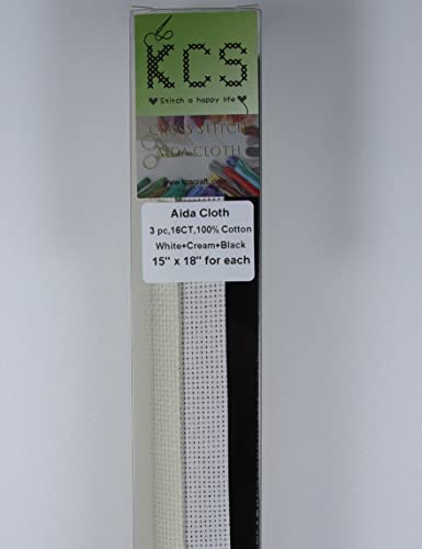 Image of KCS 3 pc of 15 inch x 18 inch Counted Cross Stitch Cotton Aida Cloth Needlework Rolled Fabric Box,16CT,White+Cream+Black
