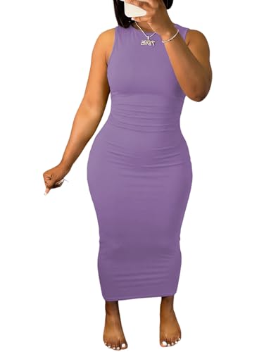 Image of Ulovmi Women's Maxi Bodycon Summer Dress Long Formal Ruched Sundress Elegant Casual Tank Sleeveless Dress Party Cocktail