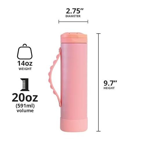 Elemental 20 Oz Iconic Pop Fidget Water Bottles, Kids Bottles For School Girls And Boys, Triple Wall Vacuum Insulated Stainless Steel Leak Proof Kid Bottle With Straw Lid - Rose #TOP1
