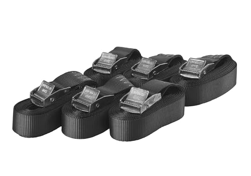 Sandax Lot de 6 sangles de serrage avec fermeture à cliquet, 2 m de long, 25 mm de large, noires, sangles d’arrimage avec verrouillage à cliquet court, résistantes jusqu’à 250 kg, DIN EN 12195-2