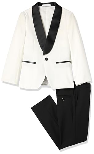 Isaac Mizrahi Boys' Slim Fit Contrast 2pc Shawl Collar Tuxedo Suit-Black Pants, Off White/Blk