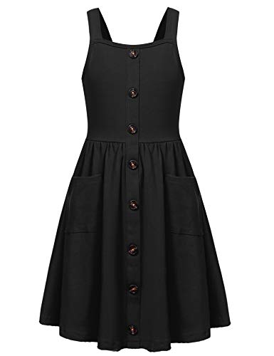 Arshiner Girl's Sleeveless Button Up Pleated Waist Loose Casual Midi Dress With Pockets For 4-12 Years Black Size 7-8 #TOP4