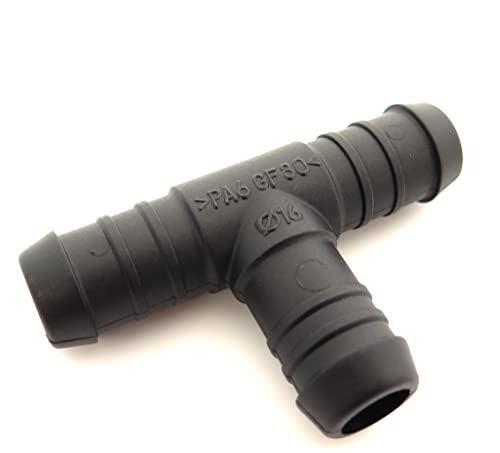 227s 16mm T-Piece Hose Connectors To Join Water, Fuel & Breather Pipes - Resistant to Fuels, Oils & Coolant - For Use Between -30C & 140C - Nylon PA66 - Black - 2 Pack