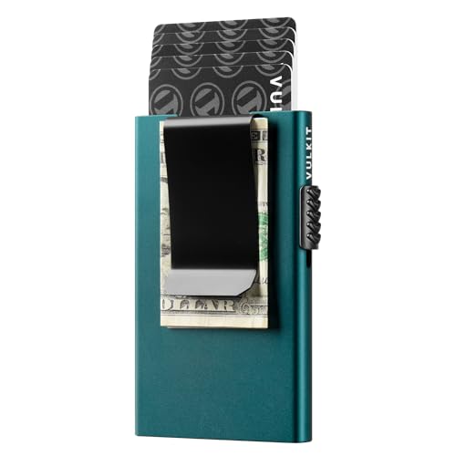 Image of VULKIT Minimalist Wallet with Money Clip RFID Protection Pop Up Card Holder Slim Wallet Credit Card Holder Metal Wallet, Emerald Green