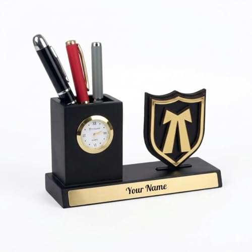 Image of Giftana Personalized Advocate Pen Stand with Name & Clock | Wooden Desk Organizer with Advocate Emblem | Customized Pencil Holder for Lawyers | Office Desk Decor | Birthday Gift for Advocate