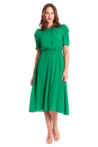 Image of London Times Women's Caterpillar Puff Sleeve Midi Dress - Gathered Waist A-Line Flowy Summer Dress