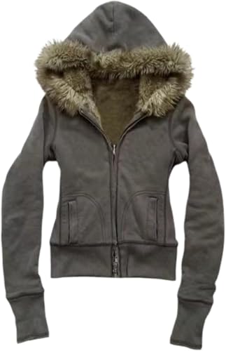 RONICY Fur Jacket Y2k Zip Up Hoodie Emo Grunge Long Seleeve 2000s Clothes Leopard Zipper Hoodie Streetwear (Grey, M)