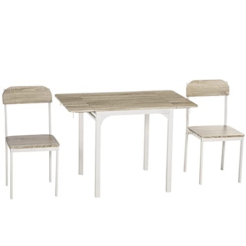 VSOGA Juego de comedor de 3 piezas con 2 sillas y 1 mesa, mesa plegable de 120 x 60 x 75 cm, acero MDF natural, color blanco, ideal para cocina y comedor