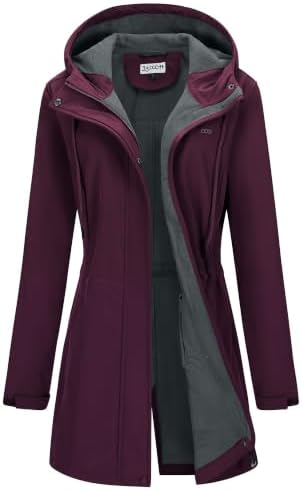 33,000ft Damen Leichte Wasserdichte Softshell Regenjacke Lange Funktionsjacke Übergangsjacke Windjacke Atmungsaktive Regenparka mit Kapuze Regenmantel für Wandern Laufen Sporten