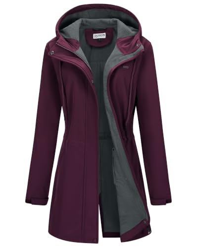 33,000ft Damen Leichte Wasserdichte Softshell Regenjacke Lange Funktionsjacke Übergangsjacke Windjacke Atmungsaktive Regenparka mit Kapuze Regenmantel für Wandern Laufen Sporten Rosa Karminrot L