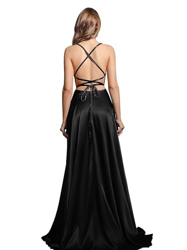 Image of MisShow Black Formal Dresses for Women Evening Ball Gown Satin Long Spaghetti Straps Prom Party Bridesmaid Dress with Slit M