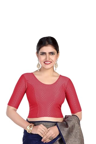Image of FINESTFIT Round Neck Stretchable Elbow Sleeve Readymade Saree Blouse for Women, 100% Cotton Dobby Fabric