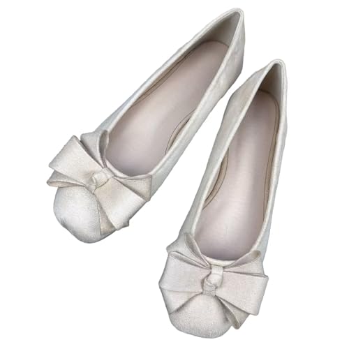 HuangTaiJi Qing Womens Suede Square Toe Bow-Knot Ballet Flats Dressy Flat Shoes Bowtie Comfortable Slip-Ons Loafers