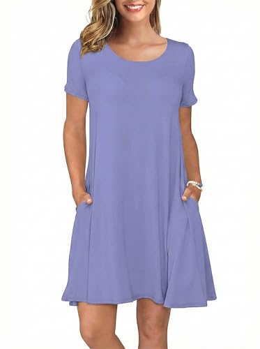 KORSIS Summer Dresses for Women Purple Gray X-Large Casual T Shirt Dress Short Sleeve Swing Flowy Ladies Beach Vacation Sundress with Pockets