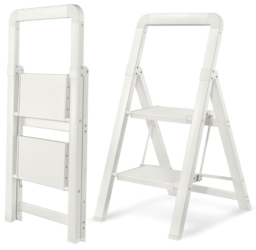 BIBKOKE Escabeau Pliable à 2 marches en Aluminium, antidérapant, Portable, Robuste pour la Maison et la Cuisine, Le Bureau, 150 kg