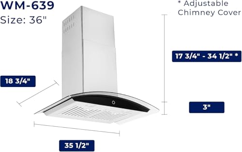 Image of Hauslane Wall Mount Range Hood 36 Inch | Contemporary Stainless Steel & Tempered Glass | Onyx Black Panel, 3-Speed Touch Control, LED Lights, Baffle Filters | Vented or Ductless with Charcoal Filters