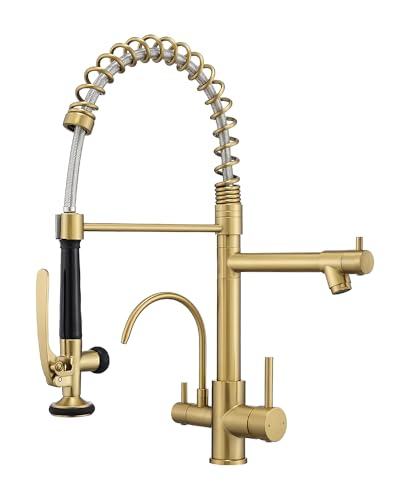 Image of Fapully 3 Way Kitchen Faucets with Sprayer and Water Filter Brushed Gold