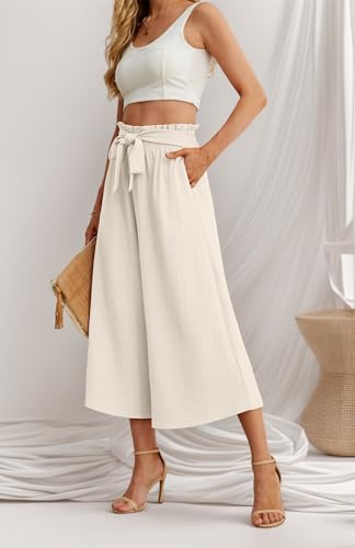 Image of IWOLLENCE Women Flowy Loose Wide Leg Pant Summer Beach Casual Trousers high Waist Adjustable Knot Business Work Casual Pants