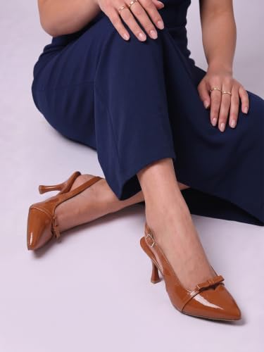 Image of Women's Slingback Pointed Toe Pumps with Bow Detail | Patent Finish | Kitten Stiletto Heel | Elegant Party & Office Heels