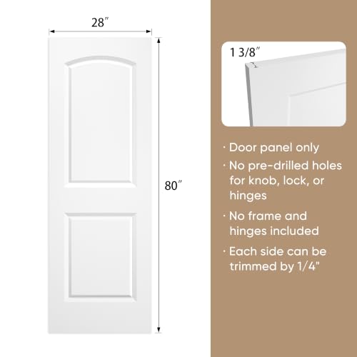 Image of BARNSMITH 28x80 in Raised 2-Panel Arch Top White Primed Interior Door Panel | Smooth Classic Paintable Hollow Core Interior Door Slab, for Swing, Pocket, Sliding Door, Durable and Lightweight
