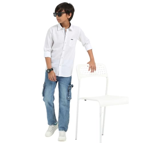 Image of ROCKET SCIENCE Boys Single Pocket Shirt | Regular Fit, Spread Collar, Full Sleeves, 100% Cotton Linen Fabric White