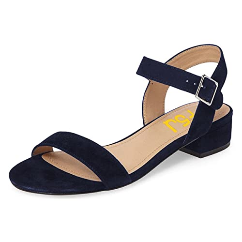 FSJ Women Casual Open Toe Block Low Heel Ankle Strap Sandals Comfort Summer Shoes Size 4 Navy