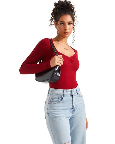 Image of SUUKSESS Women Sweetheart V Neck Long Sleeve Tops Lace Trim Ribbed Modal Fall Going Out Shirts