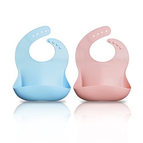 Image of Tenmon Silicone Baby Bib, BPA Free Waterproof Bibs,Soft Adjustable,2PCS (Sakura/Light Blue)