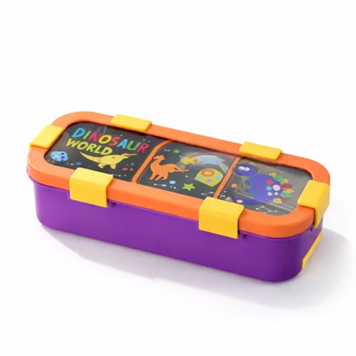 Image of Motka Kids Lunch Box with 3 Compartments | 500ml Stainless Steel Slim Compact Tiffin | Leakproof School Tiffin Dabba Box for Boys & Girls with Spoon & Fork | Lightweight - Purple Dinosaur Design