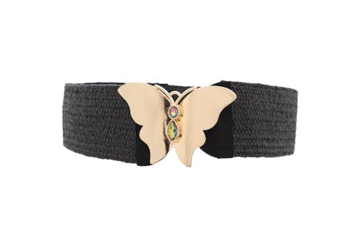 Women Fashion Elastic Black Belt High Waist Hip Gold Metal Butterfly Buckle S M